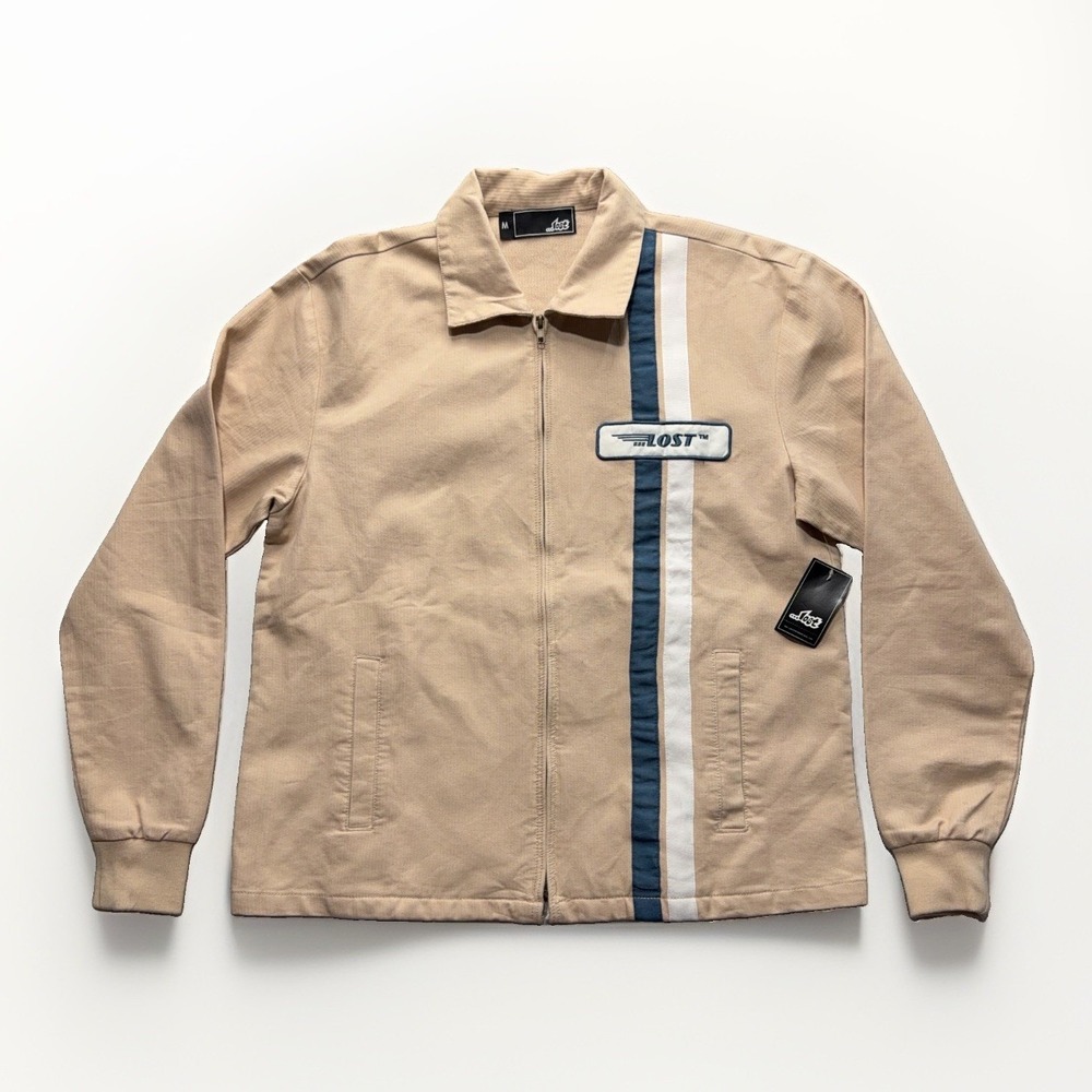 Lost Enterprises Jacket Mens M Tan Cafe Racing Stripe Full Zip Retro Surf Y2K